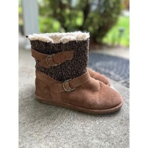 Bearpaw Suede Shearling Boots Knit‎ Cuff Buckle Accent Brown Winter Warm Sz 9